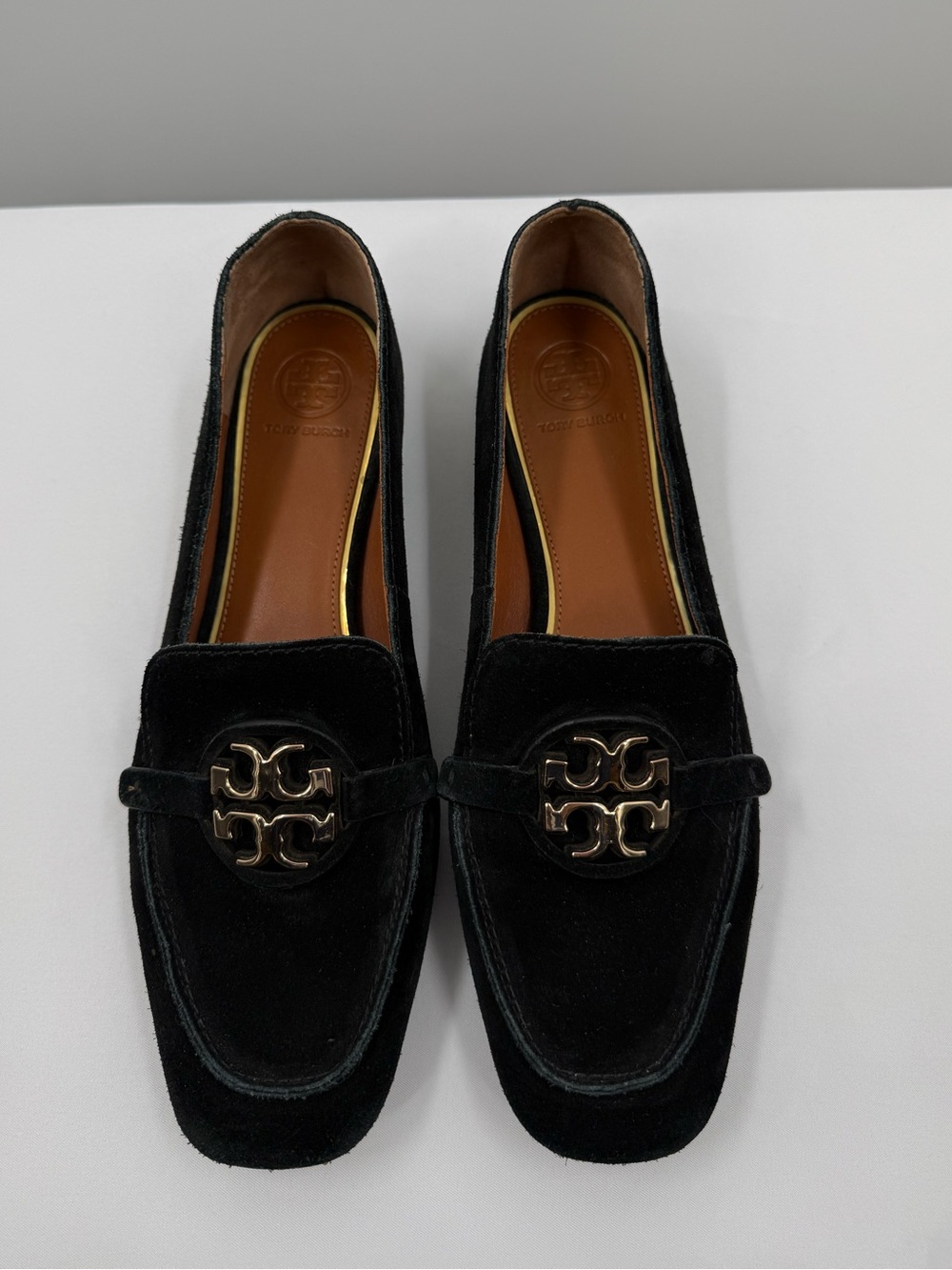 Tory Burch Metal Miller Black Suede Loafers Gold Medallion Logo Size 7.5